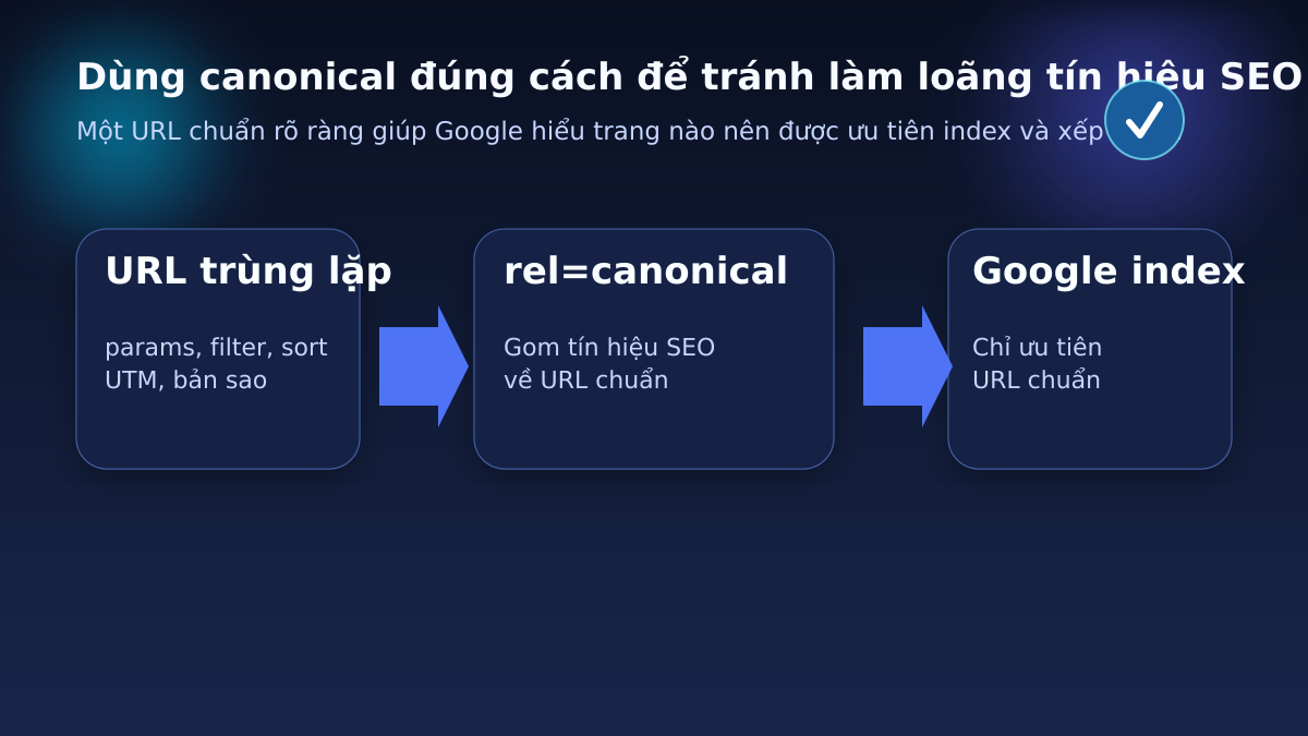 Sơ đồ canonical tag gom các URL trùng lặp về một URL chuẩn