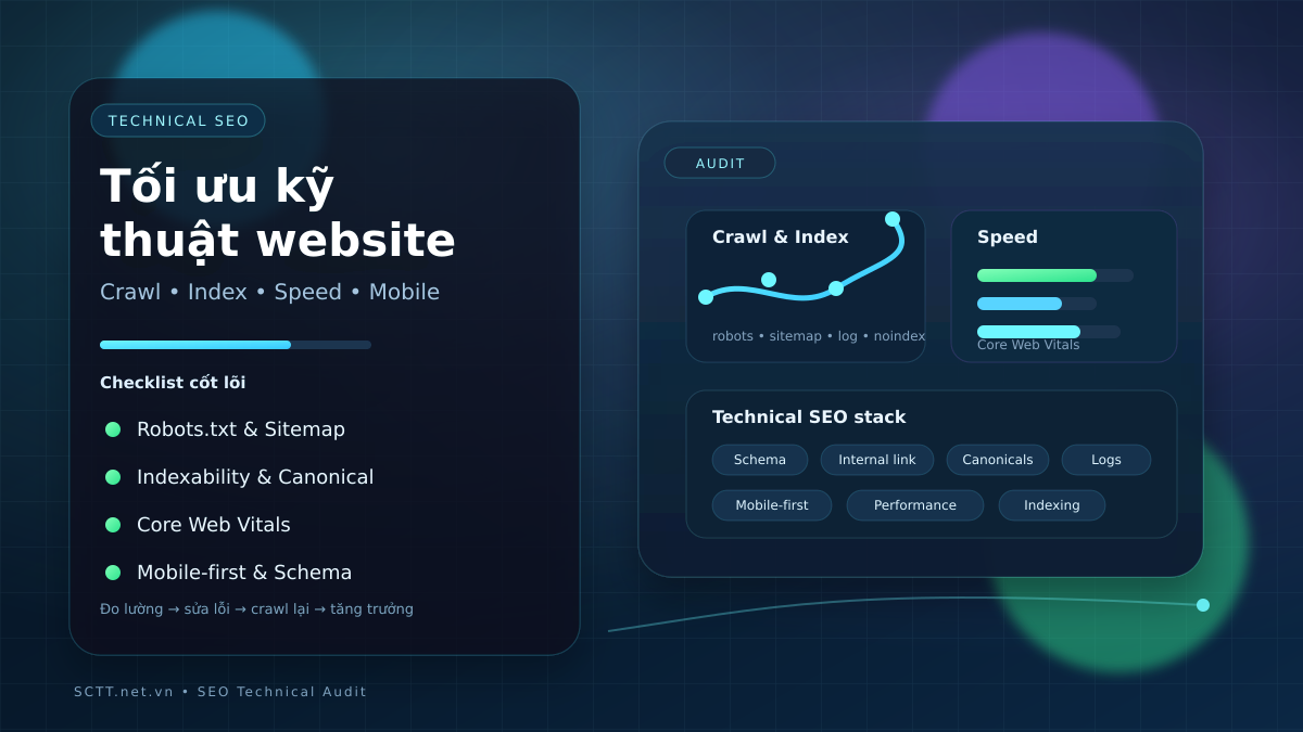 Technical SEO audit cover với dashboard crawl, index, speed và mobile checklist