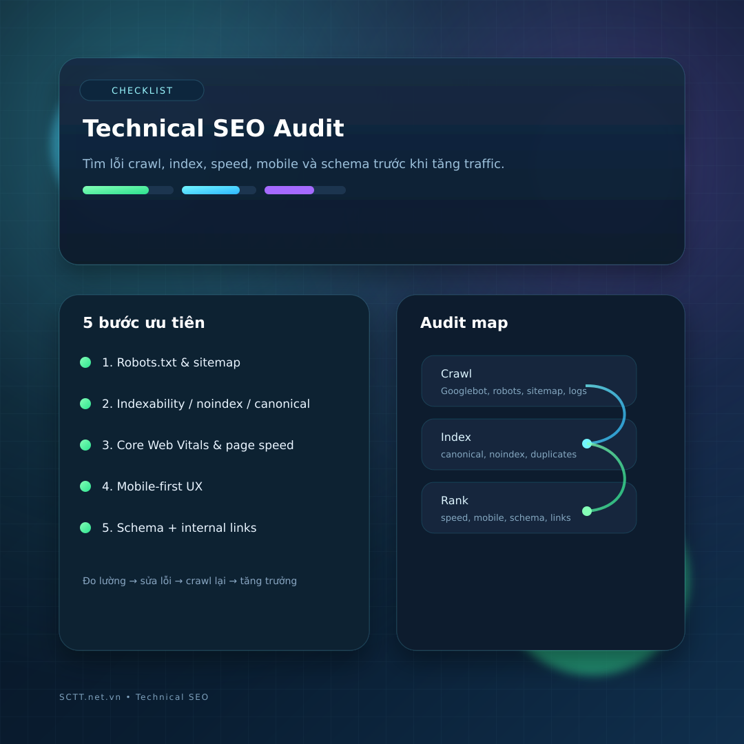 Technical SEO audit checklist gồm crawl, index, speed, mobile và schema
