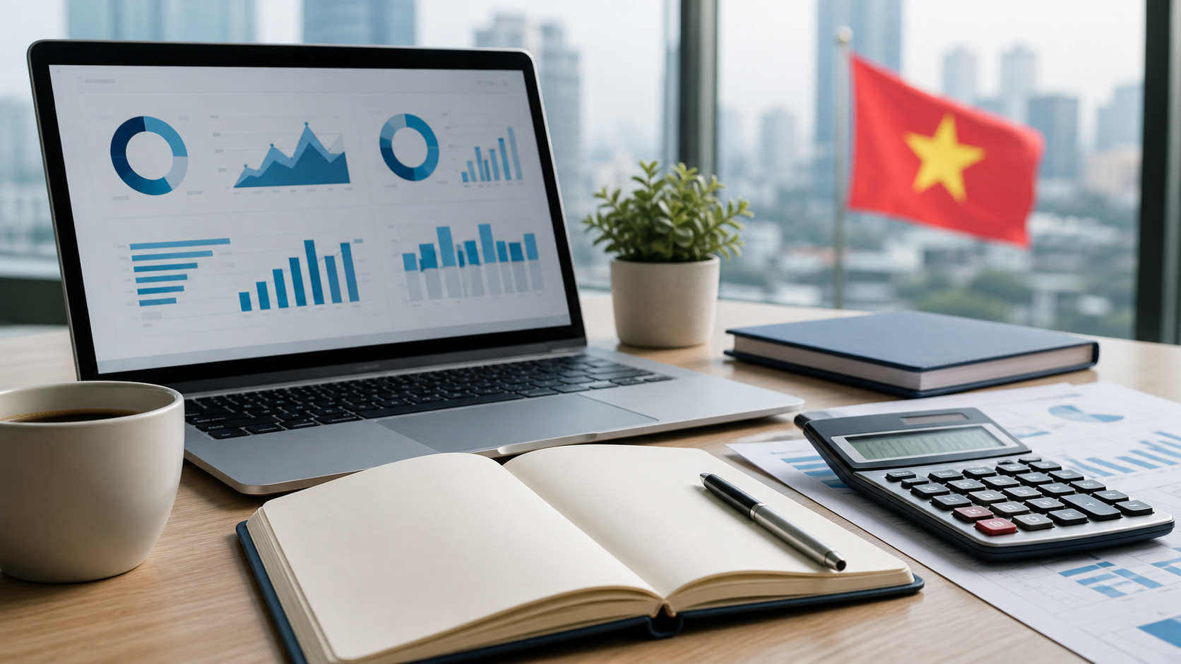 Bàn làm việc với laptop và công cụ lập ngân sách SEO
