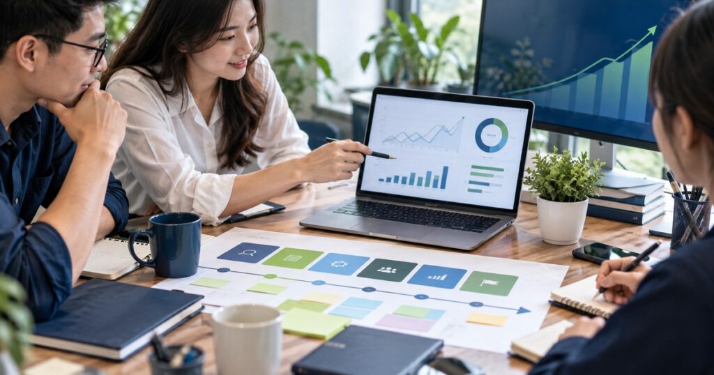 Kế hoạch SEO 6 tháng cho doanh nghiệp trên bàn làm việc marketing